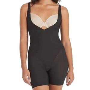 MAIDENFORM Bodysuit Open Bust Mid Thight Black Body Shape Silky Size Medium